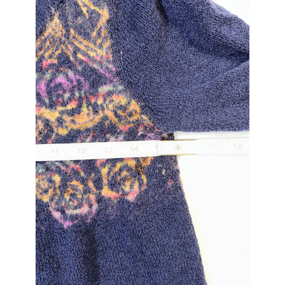 Free People Navy Blue Floral Intarsia Knit Mini Dress Tunic Cotton Alpaca Large - Picture 6 of 7